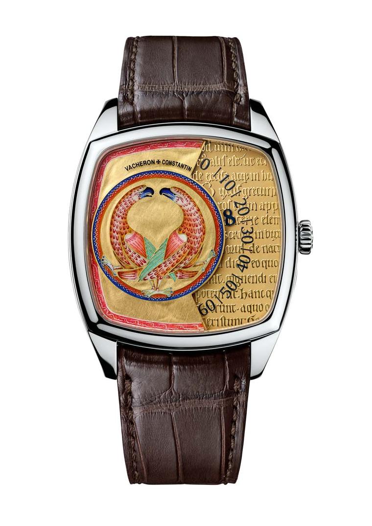 The dials of the three men's watches are built on two different levels. The enamelled beast occupies the raised, left part of the dial, giving way to a lower gold dial, which has been engraved with fragments of the Latin text of the Aberdeen Bestiary, and