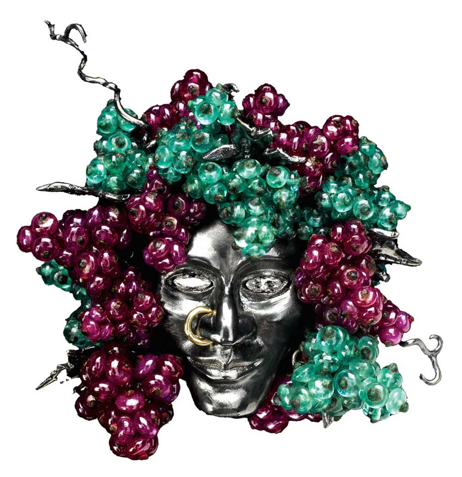 Solange Azagury-Partidge's Bacchus is a stunning mix of diamonds and emeralds set in 18ct blackened white gold, and is on sale with Paddle 8 with an estimate of £5,000 to £7,000.