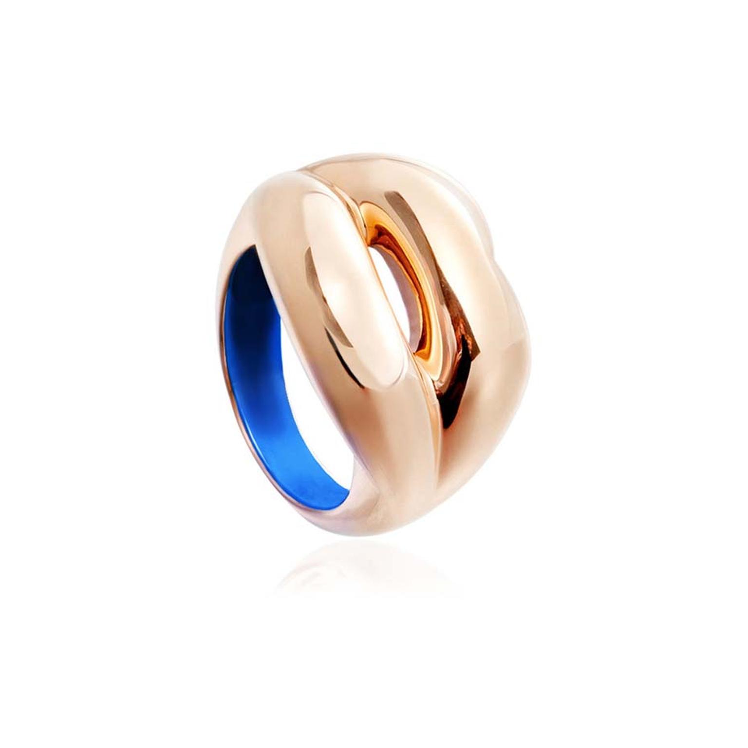 Solange Azagury-Partridge's iconic Hotlips ring in gold has been reworked to include the signature blue Paddle8 colour and is being auctioned with an estimate of £1,000-£1,500. To bid now, follow the link in the article.