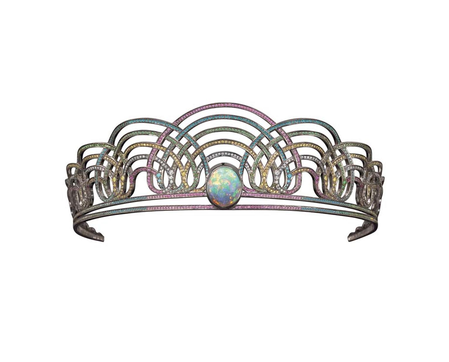 Solange Azagury-Partridge's Rainbow tiara, set with heat-treated diamonds, rubies, pink sapphires and a 9.60ct black opal in blackened white gold, is on sale at Paddle8's online auction with an estimate of £50,000-£70,000. To bid now, follow the link in t