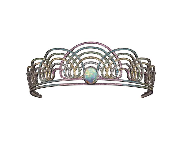 Solange Azagury-Partridge's Rainbow tiara, set with heat-treated diamonds, rubies, pink sapphires and a 9.60ct black opal in blackened white gold, is on sale at Paddle8's online auction with an estimate of £50,000-£70,000. To bid now, follow the link in t