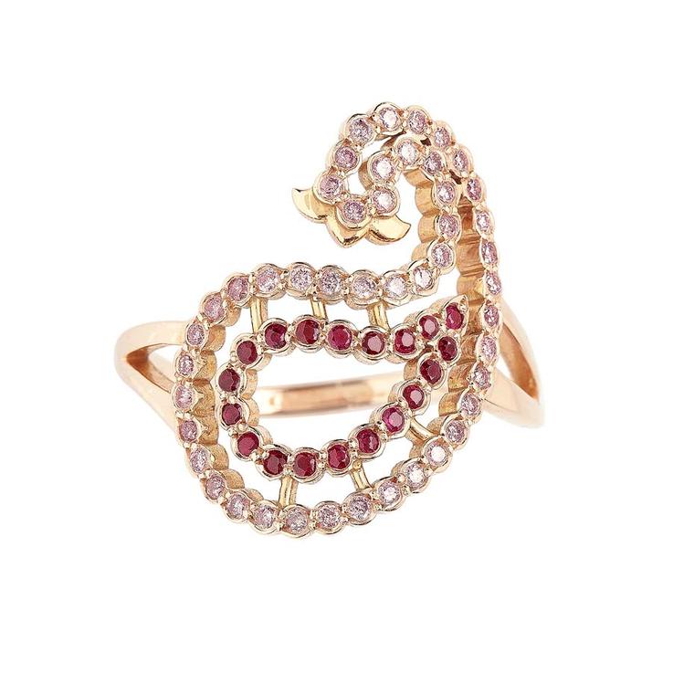 Azar pink gold ring set with pink diamonds and rubies by Greek designer Lito.