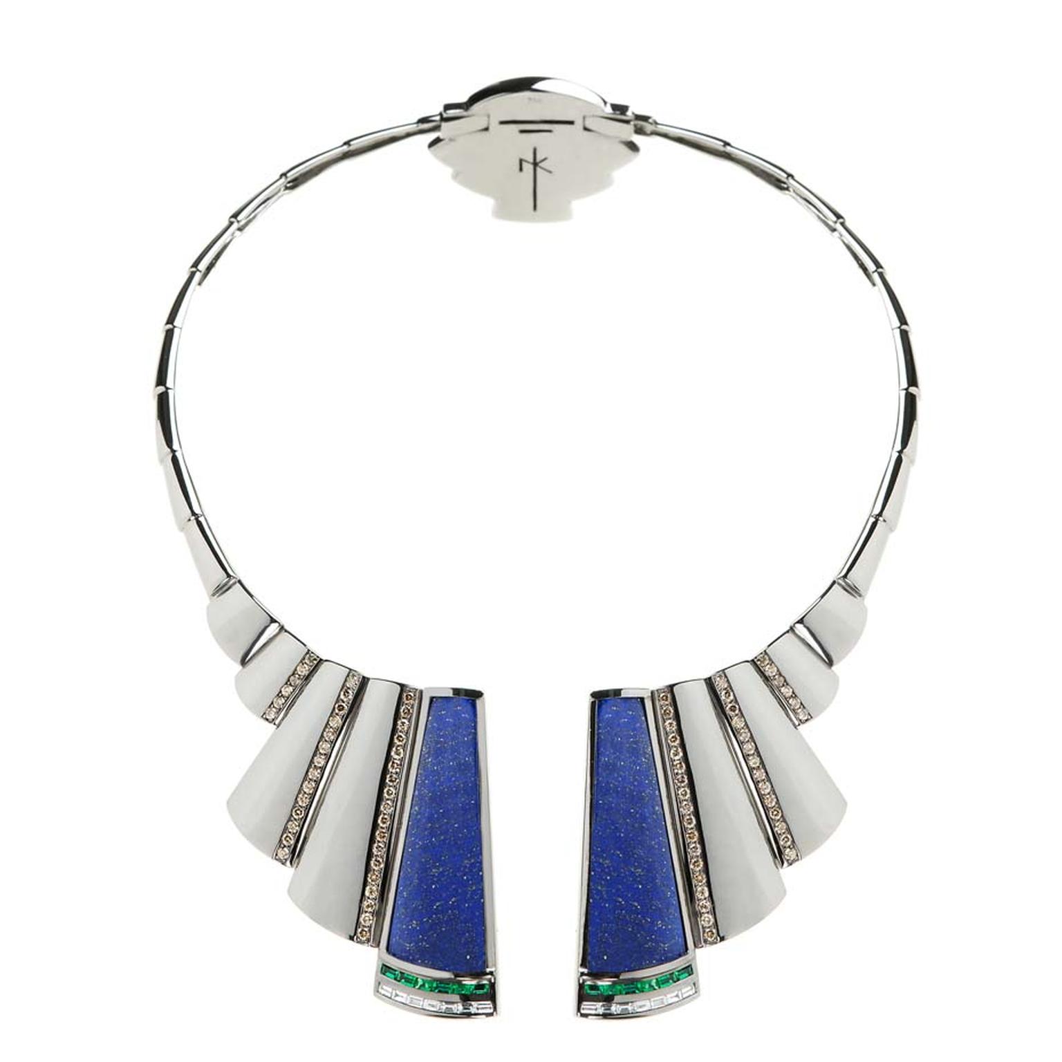Nikos Koulis Universe necklace with lapis lazuli, brown diamonds and emerald baguettes.