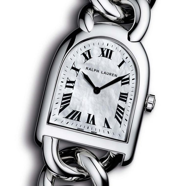 The Roman indices on the dial of the Ralph Lauren Stirrup Petite-Link watch add a touch of class to the iridescent mother-of-pearl dial. In keeping with the trend for smaller ladies' watches, this model measures just 23.30 x 27mm.