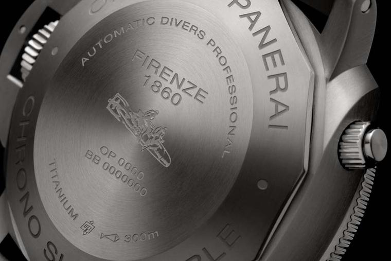 Panerai Luminor Submersible 1950 3 Days Chrono Flyback in titanium depicts the submersible torpedoes used by the frogmen of the Italian Navy on their missions during World War II.