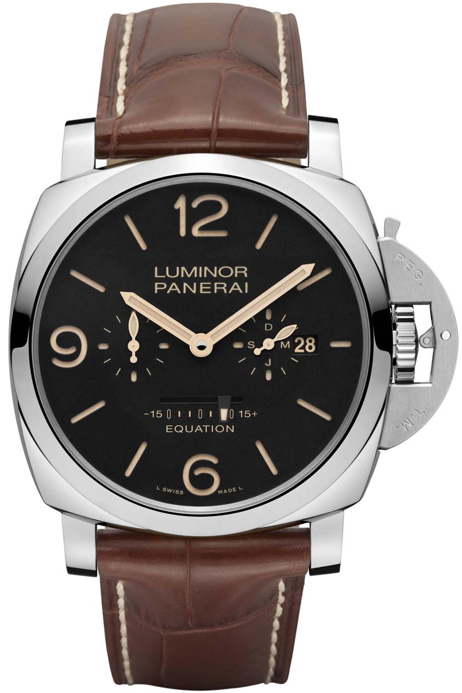 Panerai Luminor 1950 watch with equation of time indication was unveiled at the SIHH watch salon this year. An equation of time complication indicates the difference between solar time and conventional mean time. Panerai has opted for a linear indicator o