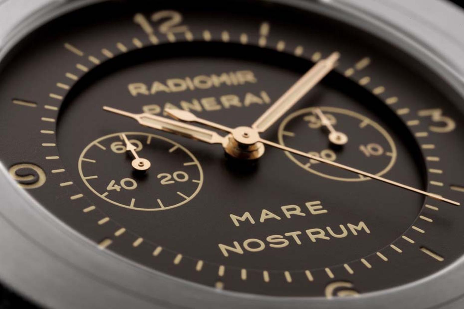 Panerai Mare Nostrum bi-compax chronograph is activated with the piston-shaped pushers on the side of the brushed titanium case, which is water-resistant to depths of up to 300 metres.