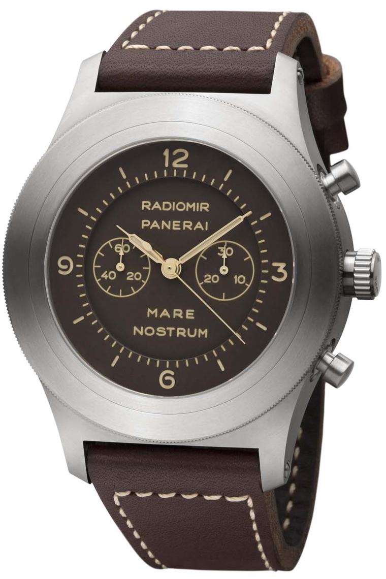 Panerai Mare Nostrum bi-compax chronograph is activated with the piston-shaped pushers on the side of the brushed titanium case, which is water-resistant to depths of up to 300 metres.