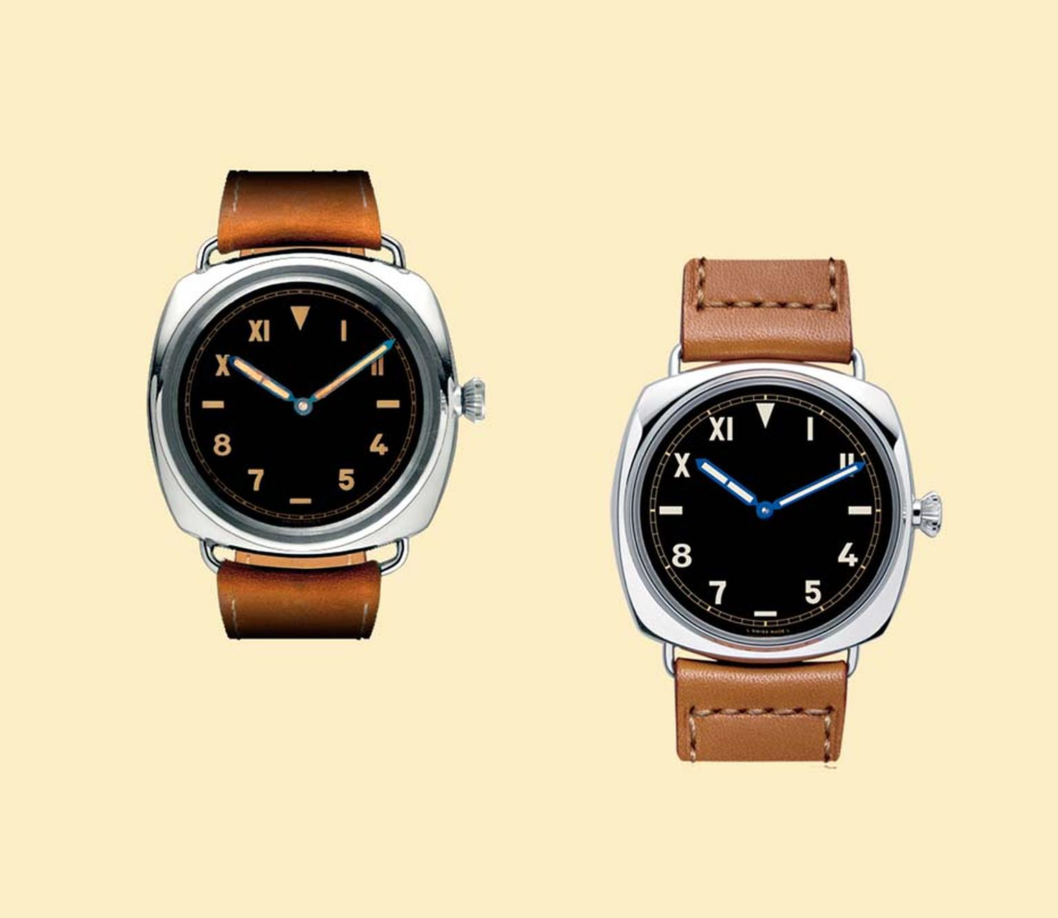 Panerai's iconic Radiomir 1936 model (on left) and a re-edition of the watch launched in 2006 (on right). The ability of the watch to glow in the darkest, murkiest underwater conditions was thanks to the application of a radium paste patented by Panerai. 