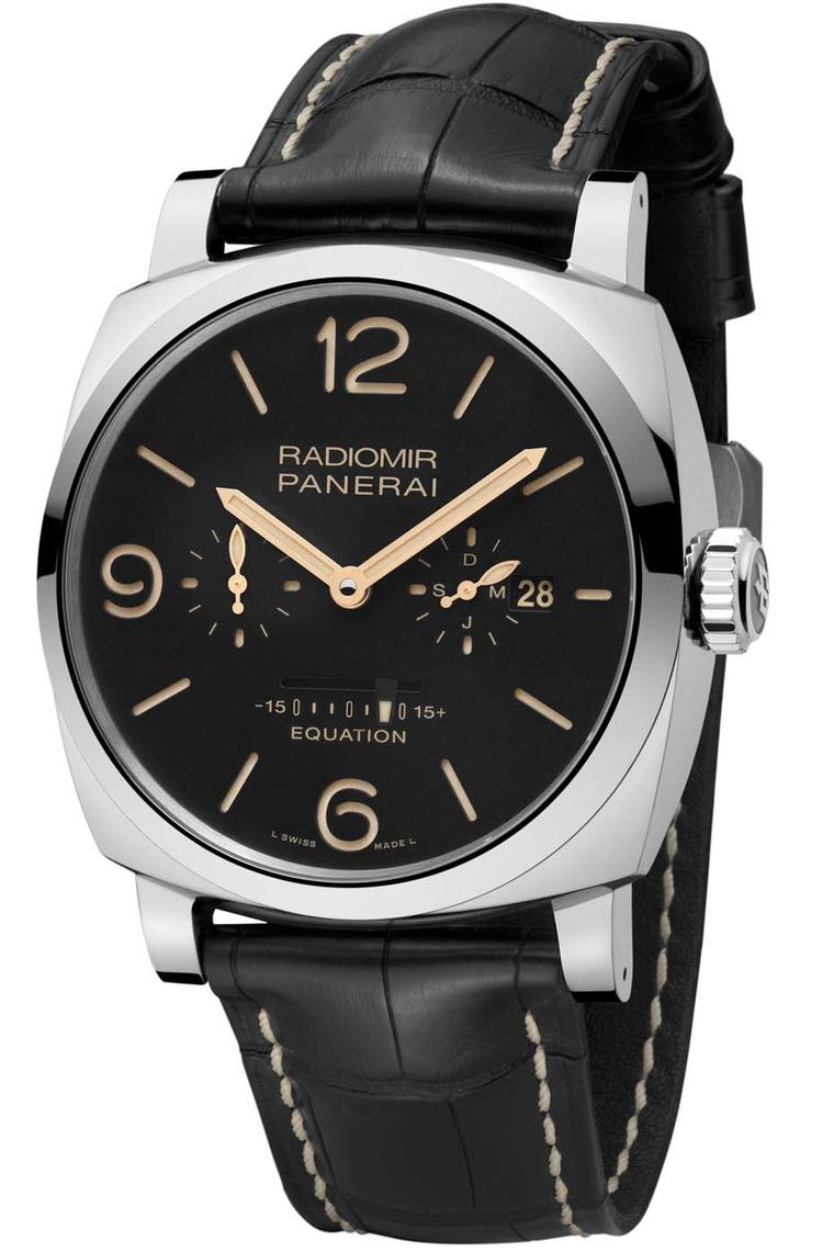 Panerai Radiomir 1940 Equation of Time model comes in a 48mm stainless steel cushion-shaped case and, in addition to the equation of time indicator, features a date window and month indicator at 3 o'clock, a small seconds counter at 9 o'clock, and a power