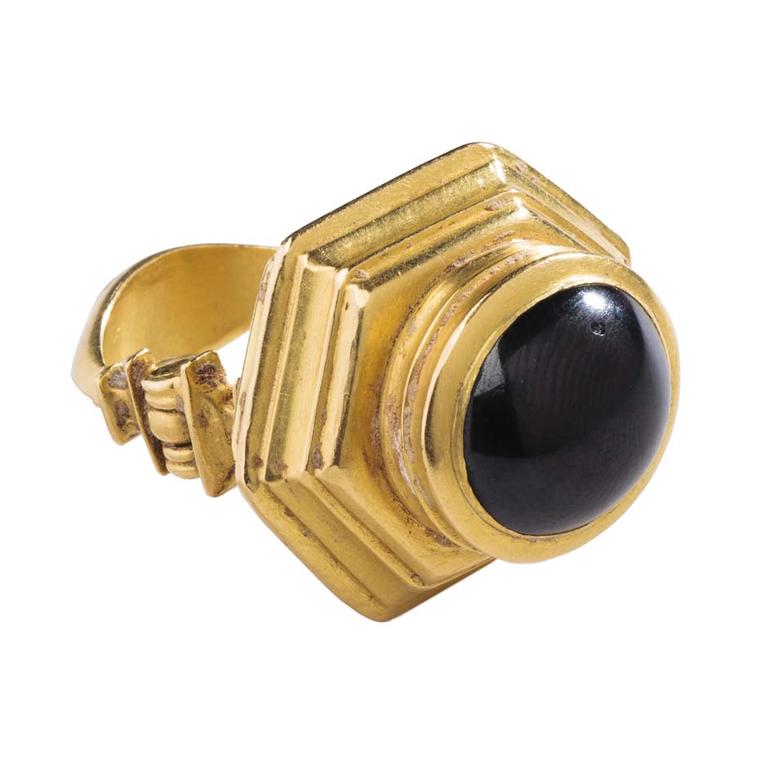 This gold ring with a large cabochon garnet, known as the Hellenistic Garnet ring, is thought to date from the 2nd century BC and is one of around 250 rings that make up the Griffin Collection.