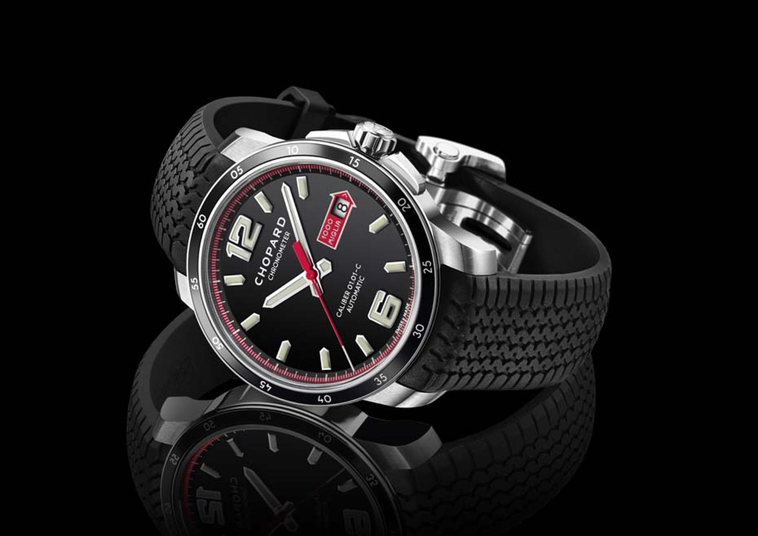 The new Chopard Mille Miglia GTS Automatic watch in a 43mm stainless steel case pays tribute to the aesthetics of vintage car dashboards with its black, red and white colour codes. The date window is framed by the red Mille Miglia arrow used to identify t