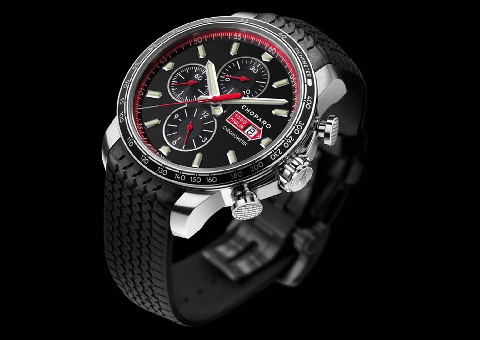 The Chopard Mille Miglia GTS Chronograph comes in a slightly larger 44mm case and has a tachymetre to measure speed on the aluminium bezel. The dial displays 30-minute and 12-hour chrono counters, a small seconds counter and a date window, all powered by 