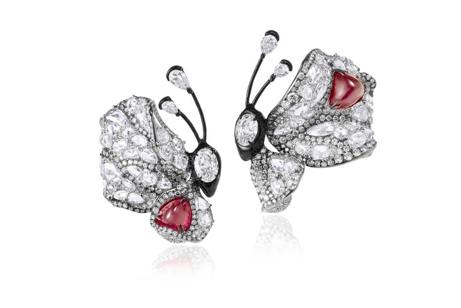 Cindy Chao Summer Butterfly ruby earrings, as worn by Olivia Munn at the 2015 Met Gala in New York.