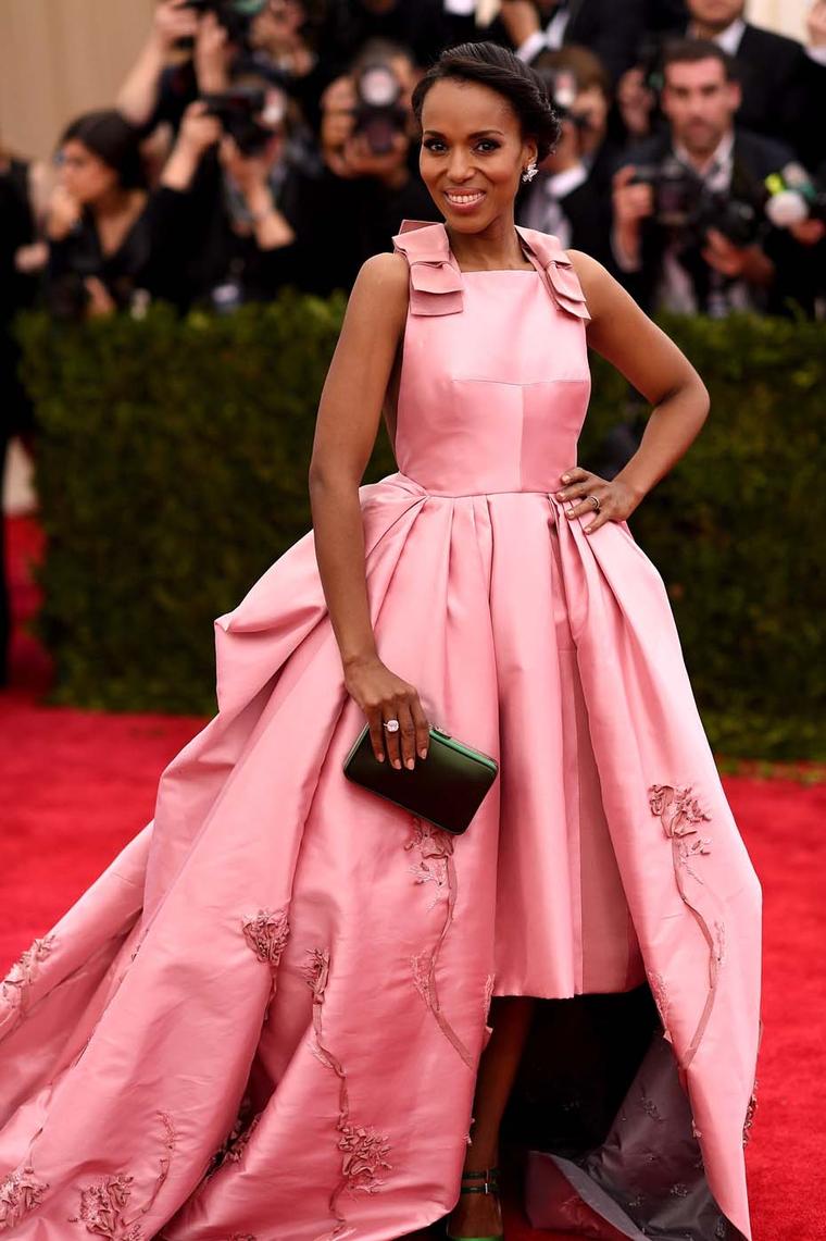 Kerry Washington added some sparkle to her pink Prada ball gown with a pair of 18.82ct Harry Winston Cluster diamond earrings set in platinum, and a cushion-cut Winston diamond platinum ring, at the Met Gala in New York.