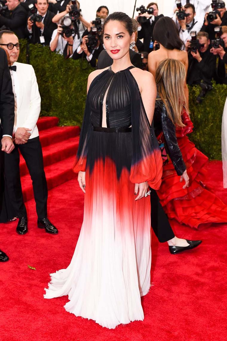 Olivia Munn chose Cindy Chao's Summer Butterfly ruby earrings and the designer's Winter Butterfly ring to complement her J. Mendel gown at the Met Gala.