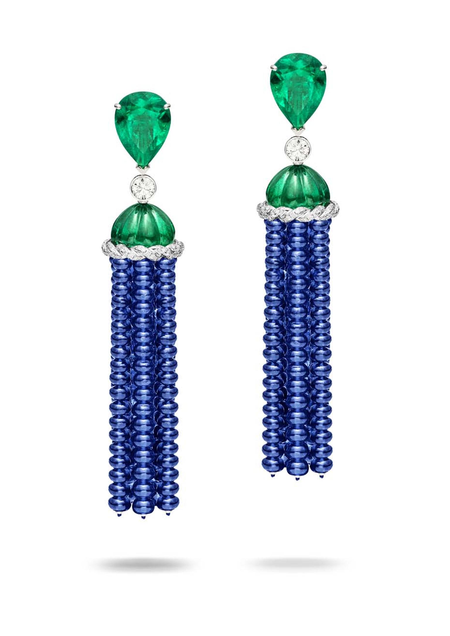 Piaget blue sapphire and emerald earrings, as worn by Gong Li to the 2015 Met Gala in New York.