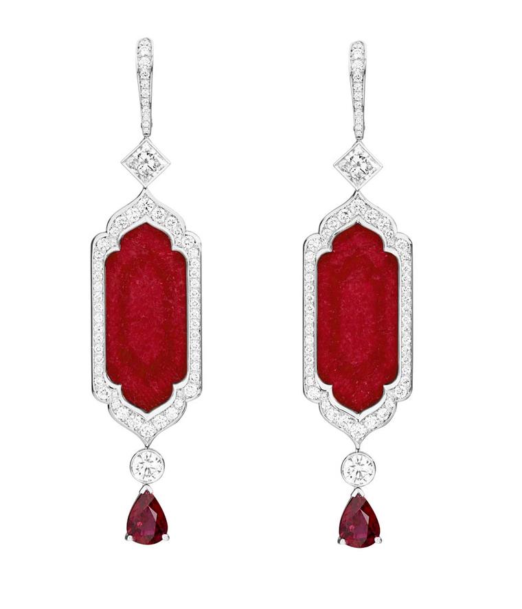 Art Deco-inspired Piaget ruby and diamond earrings, as worn by actress Jessica Chastain to the 2015 Met Gala.