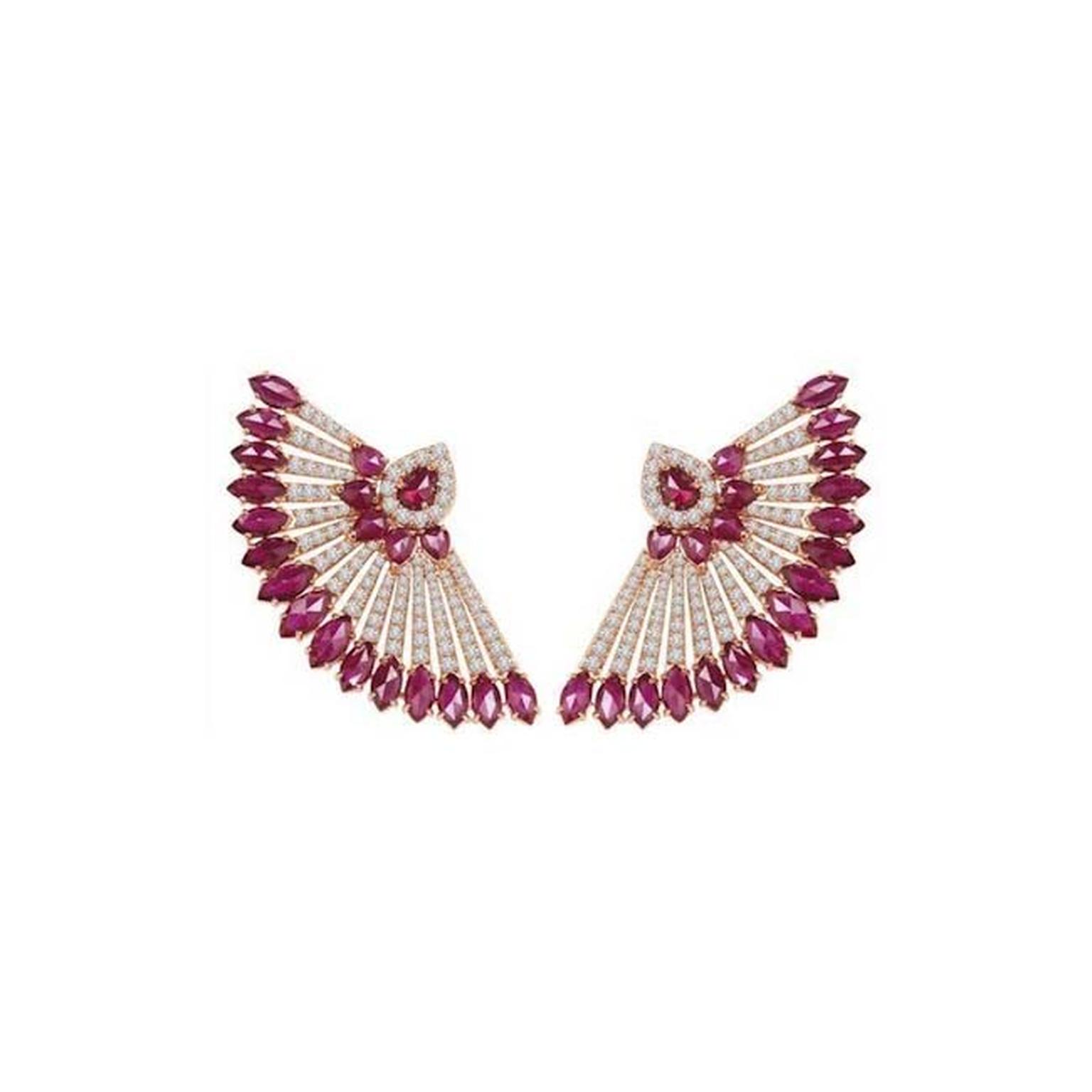 The Sutra fan earrings with marquise and pear-shaped rubies and diamonds worn by Jennifer Lopez at the 2015 Met Gala in New York.