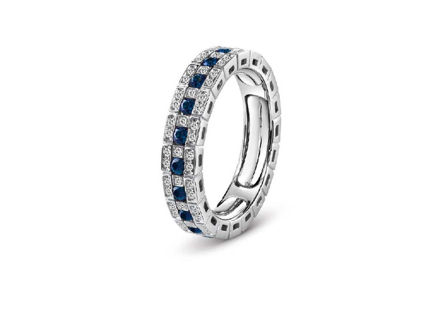 Damiani fine jewellery white gold ring with blue sapphires and diamonds.