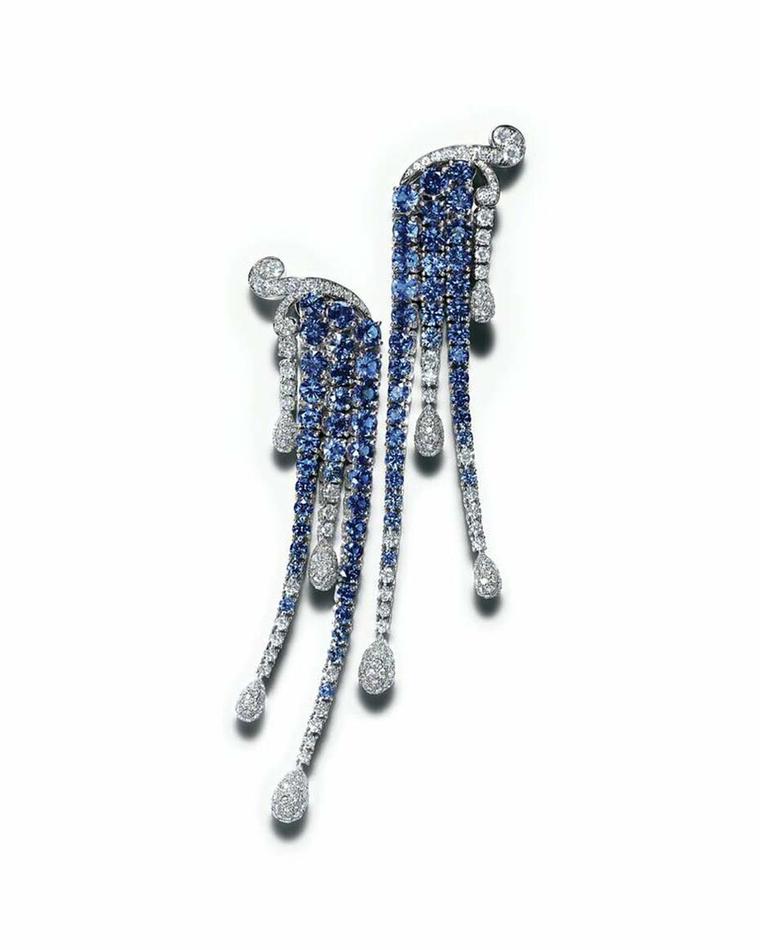 Tiffany earrings with sapphires and round and pear-shaped diamonds in white gold, from the 2015 Blue Book collection.