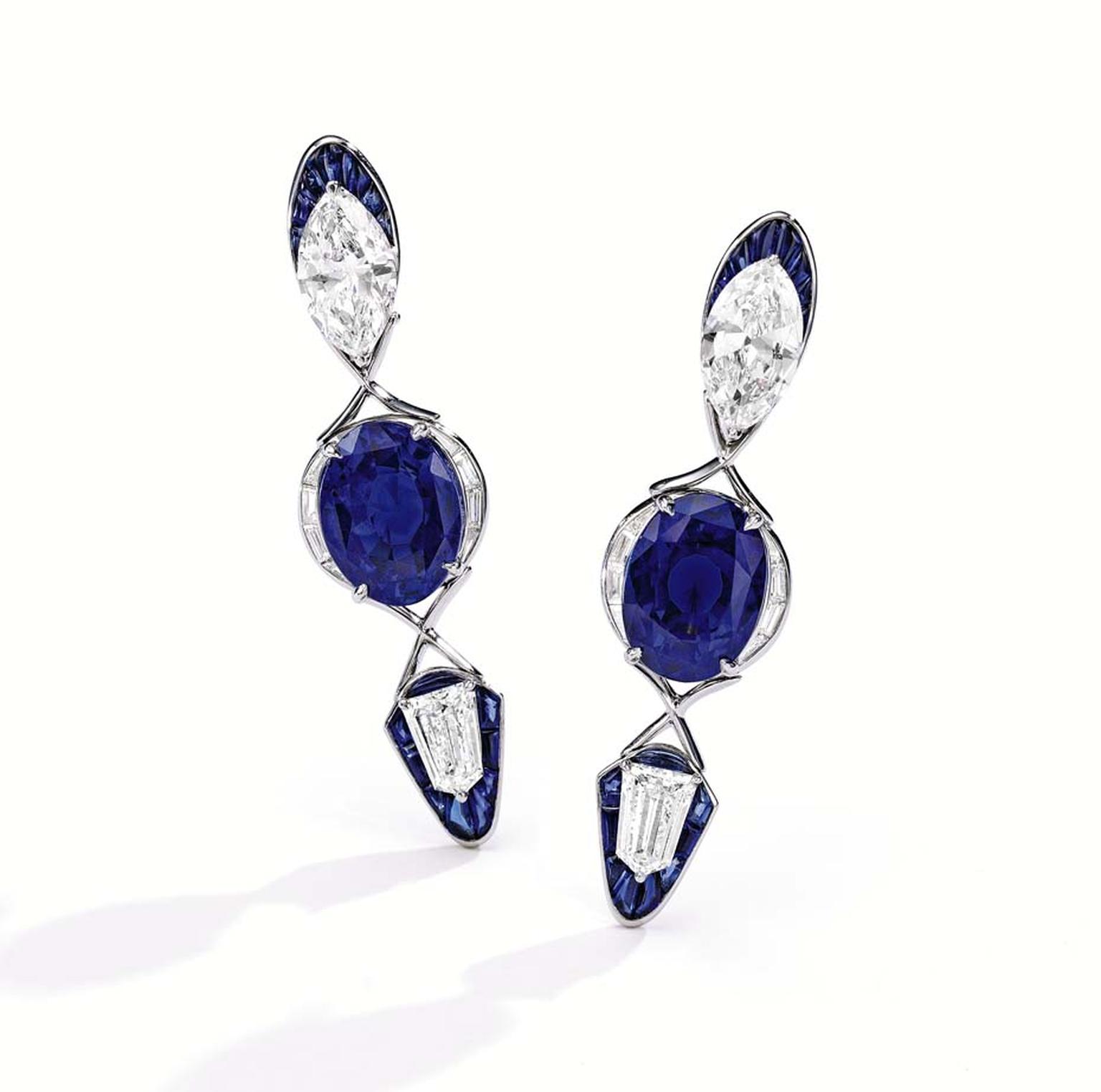 Alexandre Reza earrings, featuring two unheated oval-shaped Ceylon sapphires, further accented by baguette diamonds and French buffed sapphires.
