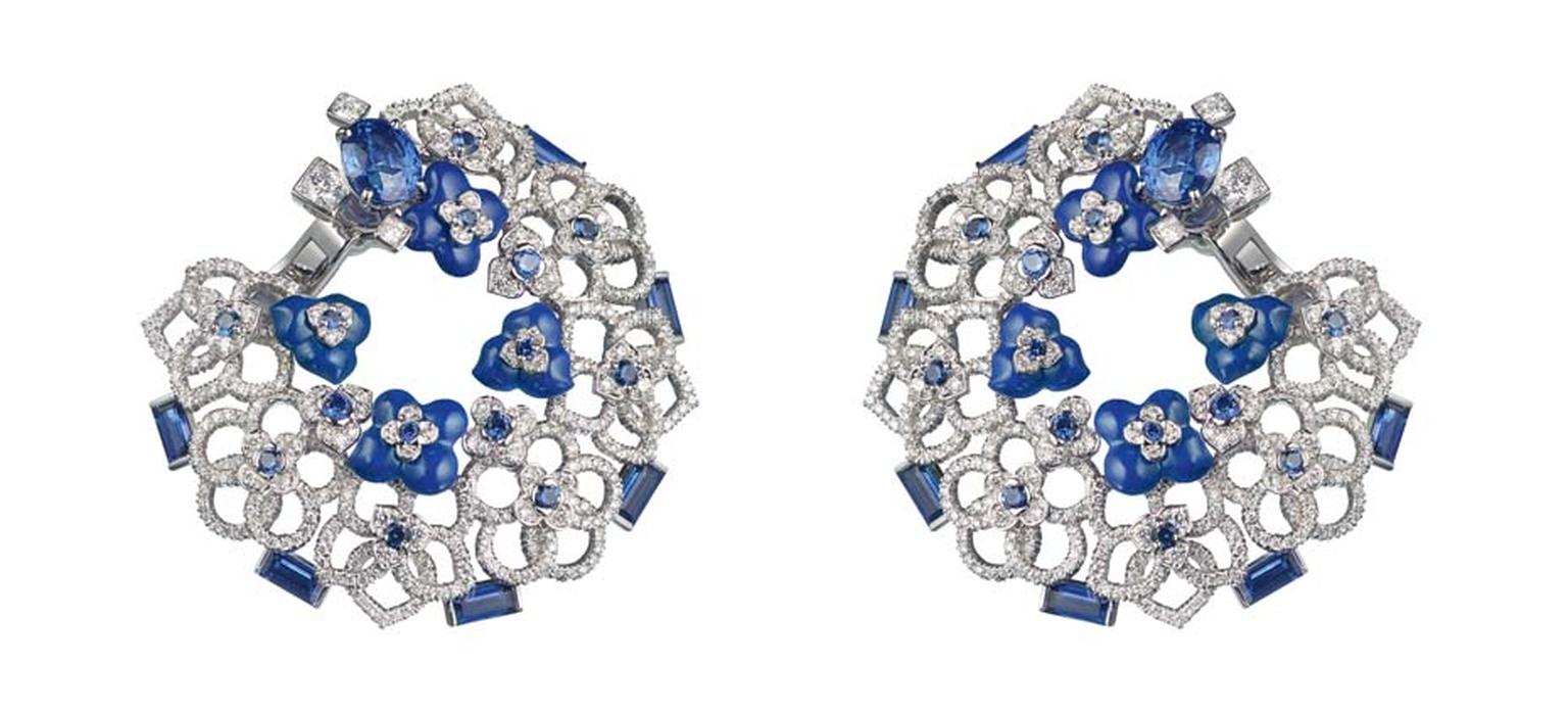 Chaumet Hortensia earrings in white gold, featuring diamonds, sapphires ad lapis lazuli and set with two oval-cut blue sapphires.