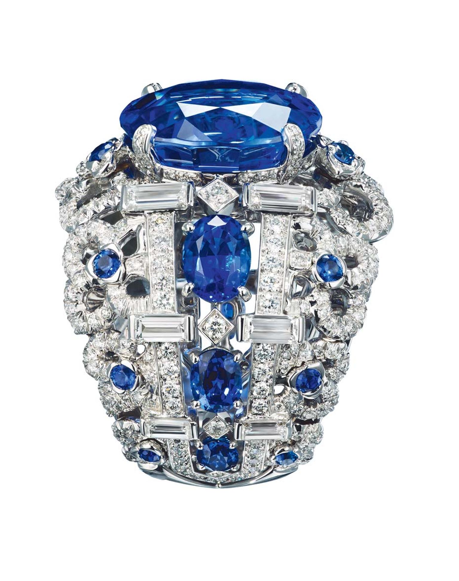 Chaumet Hortensia 18ct white gold ring, with brilliant, oval and baguette cut sapphires and diamonds and set with a 9.85ct oval-cut sapphire.