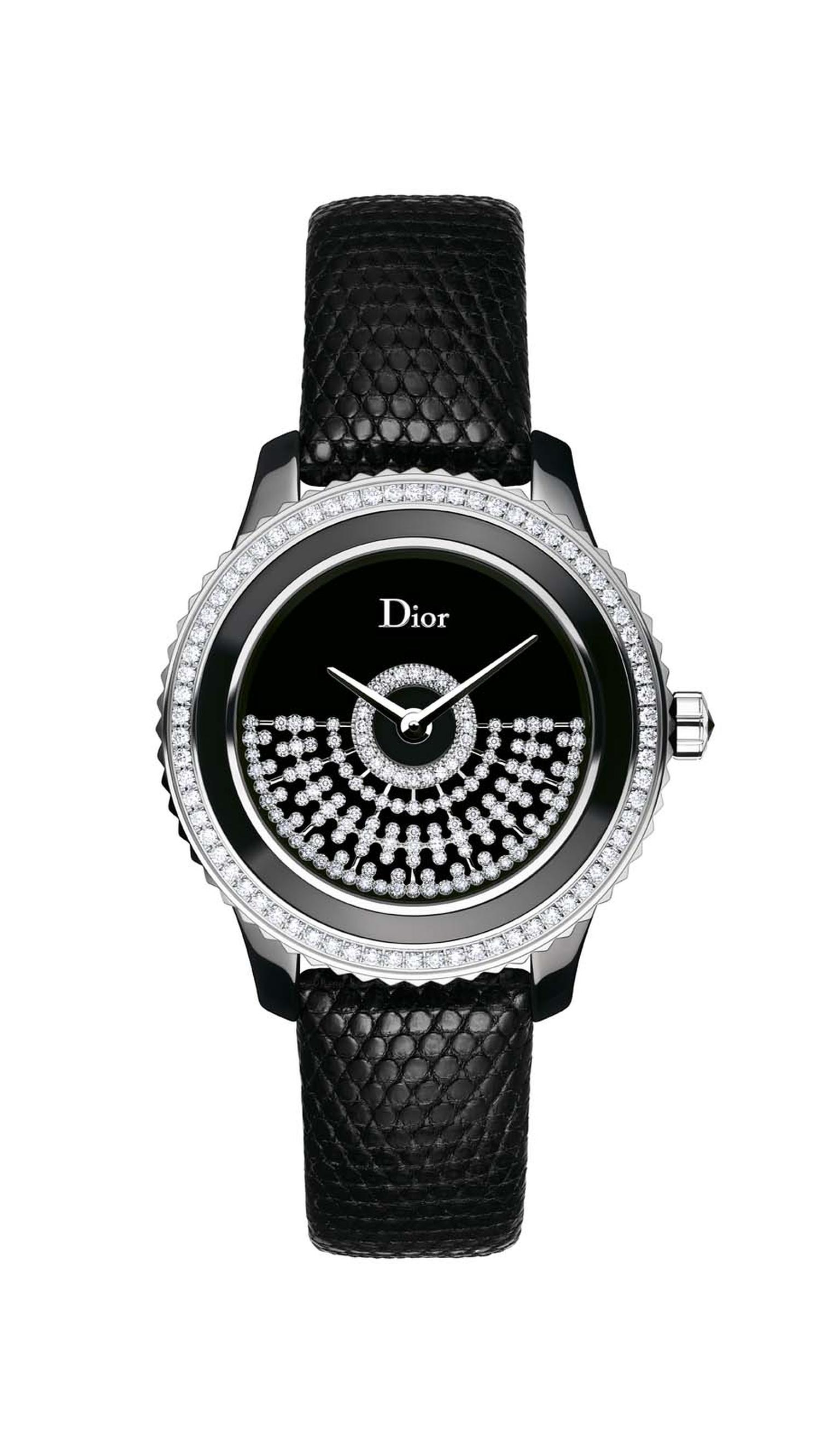 Dior VIII Grand Bal Résille watch comes in a 33 or 38mm diameter black ceramic and steel case. The black Vietnamese mother-of-pearl dial features an openwork white gold oscillating weight set with a pattern of diamond netting. Both sizes of the watch are 