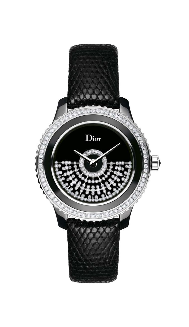 Dior VIII Grand Bal Résille watch comes in a 33 or 38mm diameter black ceramic and steel case. The black Vietnamese mother-of-pearl dial features an openwork white gold oscillating weight set with a pattern of diamond netting. Both sizes of the watch are 