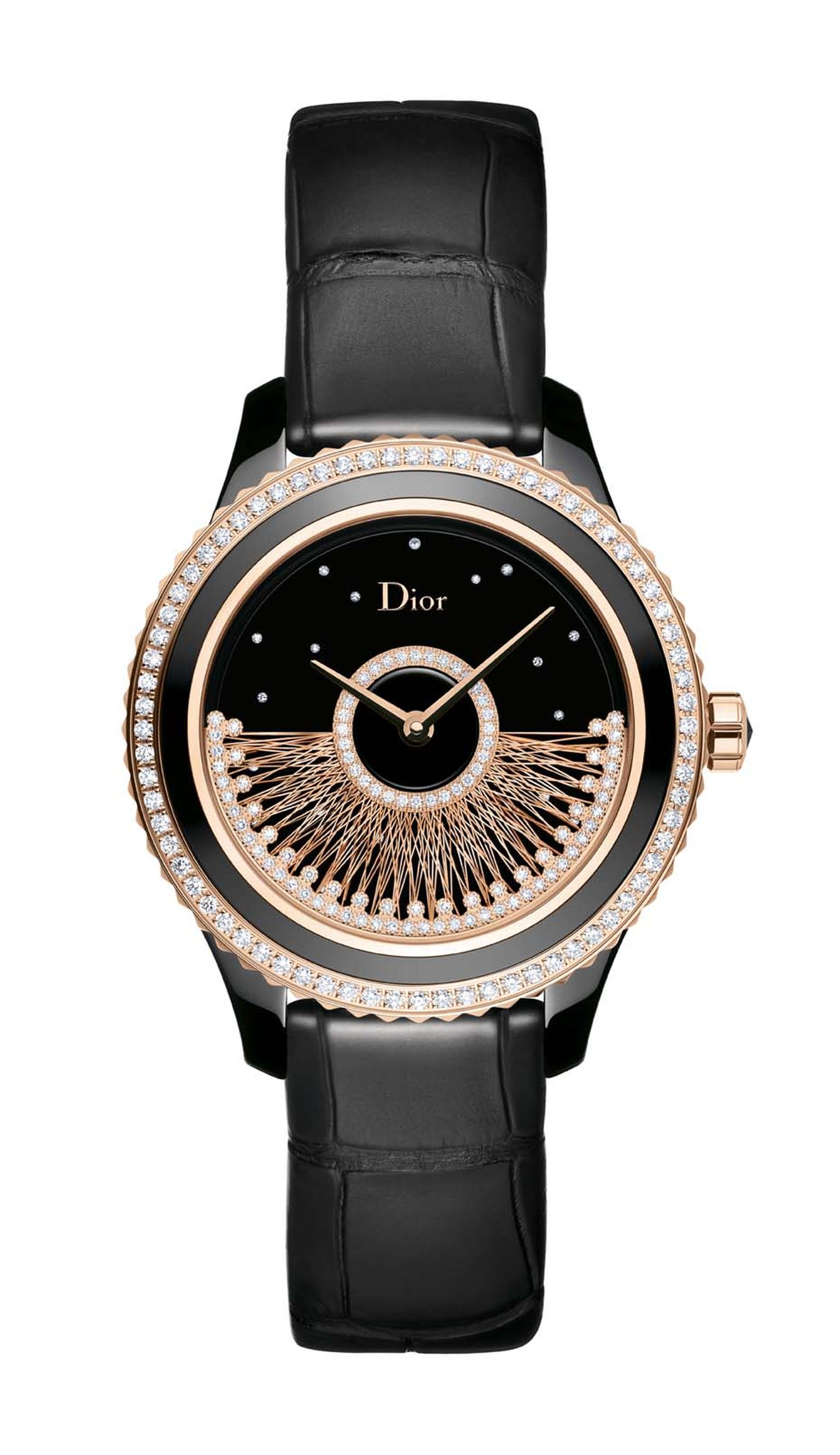 Dior VIII Grand Bal Fil d'Or watch in a 38mm pink gold and black ceramic case features a gold thread rotor hemmed with diamonds set against a black lacquered dial studded with diamonds. Limited edition of 88 pieces.