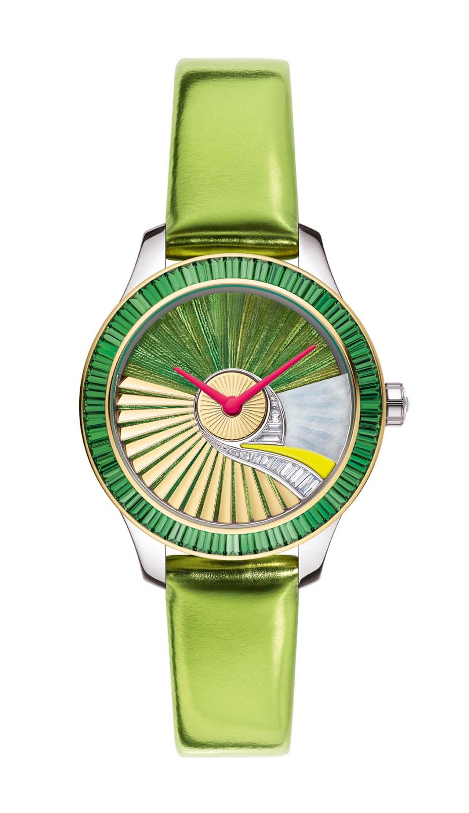 Dior VIII Grand Bal Pièce Unique Envol no. 5 watch glows with a natural green iridescence thanks to the use of scarab beetle wings set into the dial using marquetry. All the Dior VIII Grand Bal family have the oscillating weight - or rotor - of the moveme