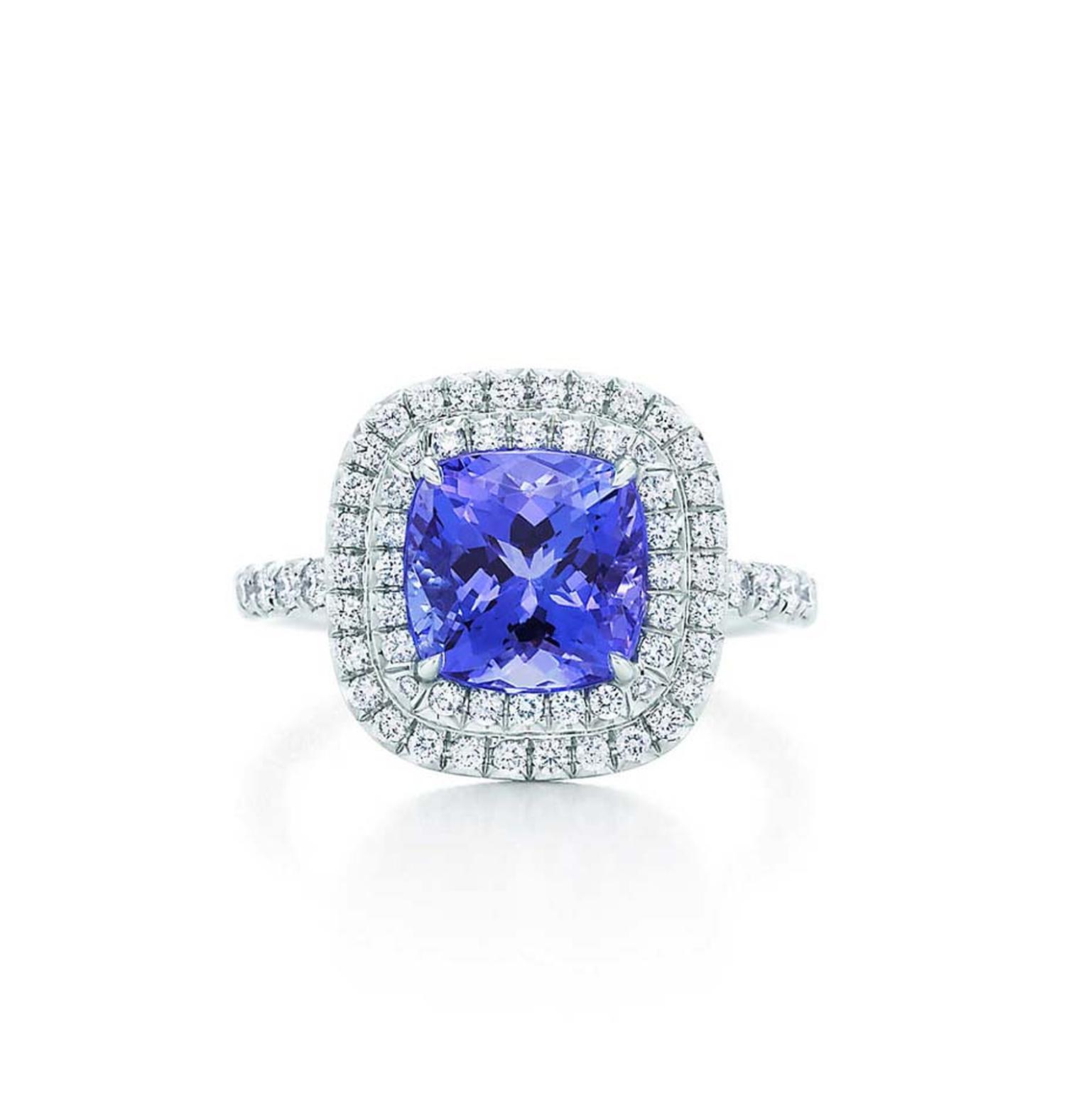 Tiffany Soleste cushion-cut tanzanite ring in platinum, with a double row of round brilliant diamonds (£7,125).