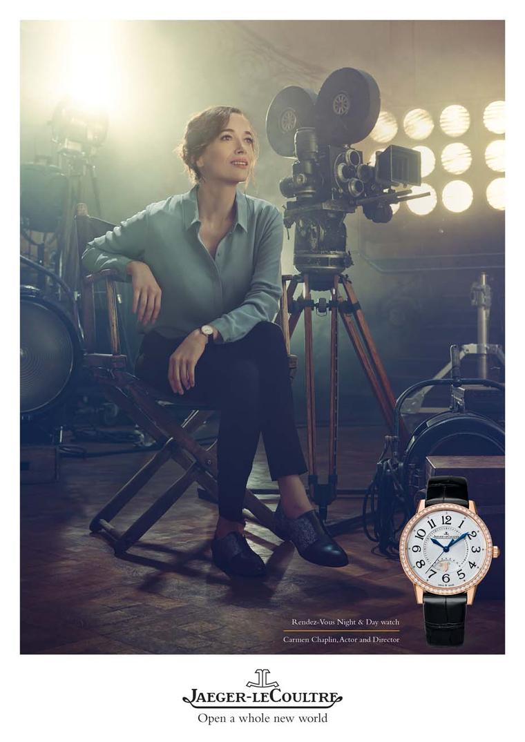 Carmen Chaplin, actress, screenwriter and producer, came to Jaeger-LeCoultre with her grandfather's Memovox line and wears the Rendez-Vous watch in the new advertising campaign.