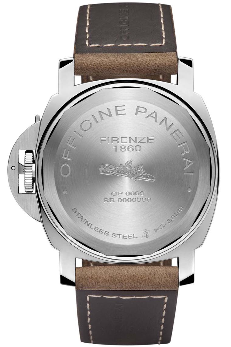 Panerai Luminor Marina 8 Days Acciaio watch comes in a 44mm stainless steel case and features the iconic crown-protecting bridge with lever to ensure water resistance of up to 300 metres. Engraved on the caseback are the Italian frogmen on board a human t