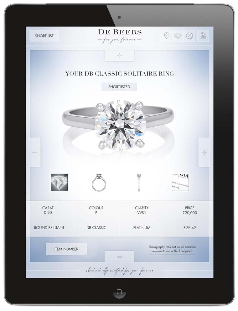 De Beers' in-store bridal app allows customers to view each diamond individually through the De Beers iris, which replicates different light conditions to demonstrate the beauty and sparkle of the gemstone.