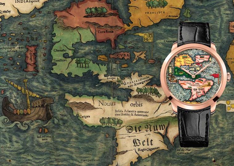 The Girard-Perregaux New World Novus Orbis watch is inspired by a map attributed to Sebastian Münster of 1554 depicting the New World. The land masses on the dial have been made with stone marquetry to create a sense of relief, complemented by miniature p
