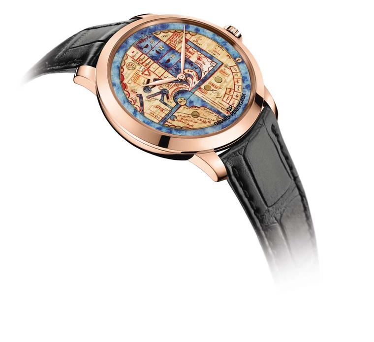 The dial of the Pearl of Wonders watch recreates the blue of the original map with sodalite stone, carved from a block into an ultra-thin disc of just 0.70mm.