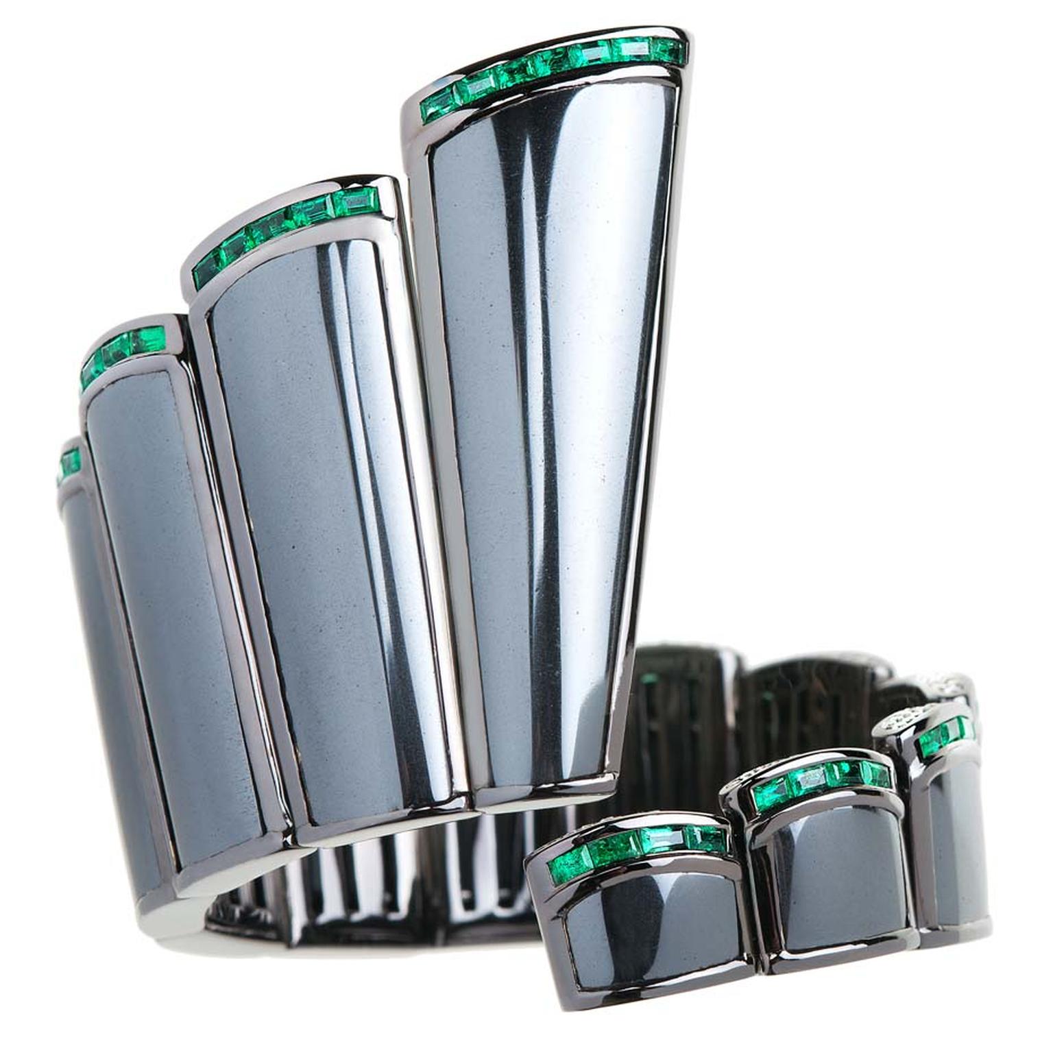 Cuff bracelet in black rhodium with hematite, baguette-cut emeralds and diamonds from Nikos Koulis' new Universe line.