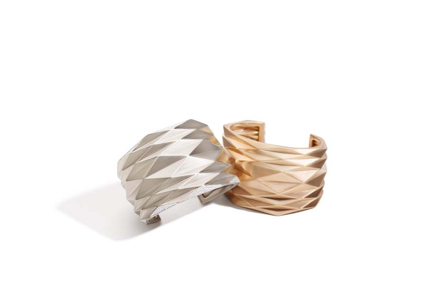 Vhernier white gold and diamond cuff, left, ($33,250) and pink gold cuff ($16,400) from the Pissé collection.