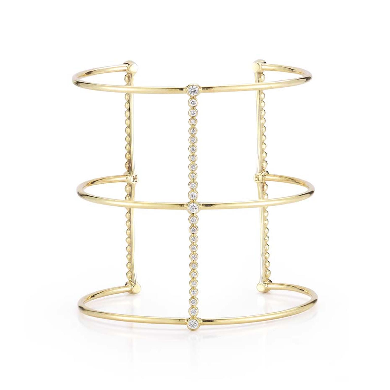 Mizuki jewelry Bar Gladiator cuff in gold and diamonds.