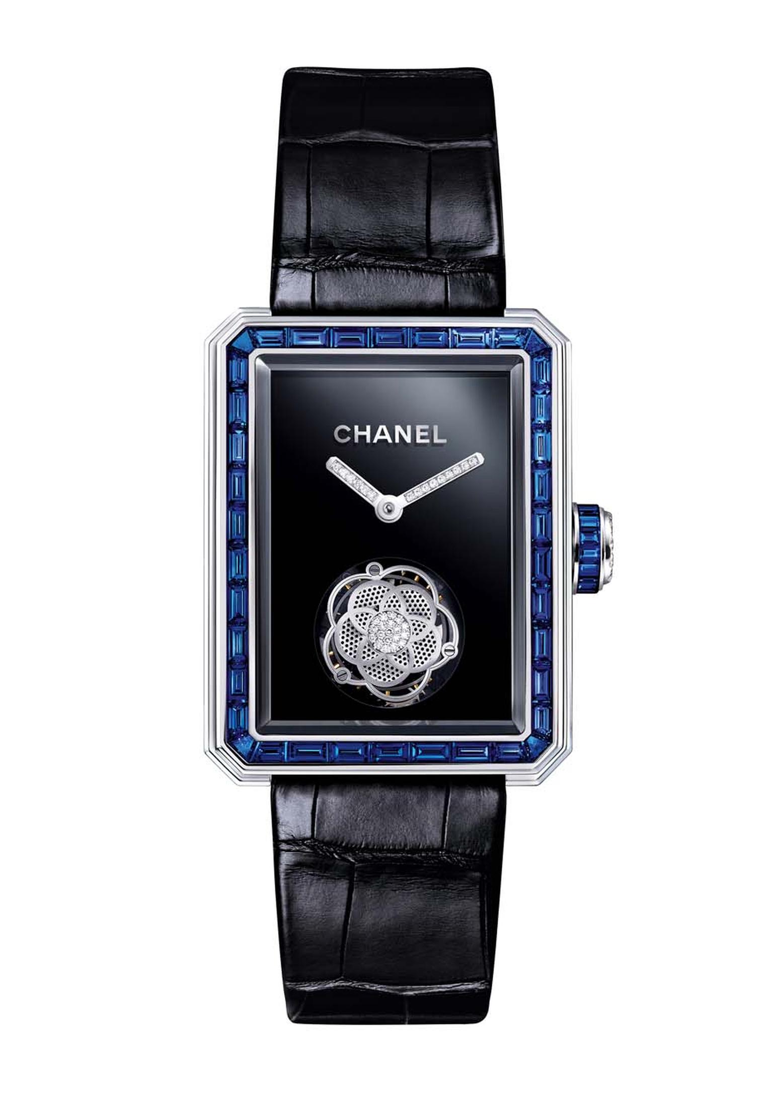 Chanel Première Flying Tourbillon ladies' watch owes its octagonal geometry to the Place Vendôme, just like the stopper of Chanel's No.5 perfume bottle. A stylized camellia flower twirls with the tourbillon while intense blue sapphires grace the white gol