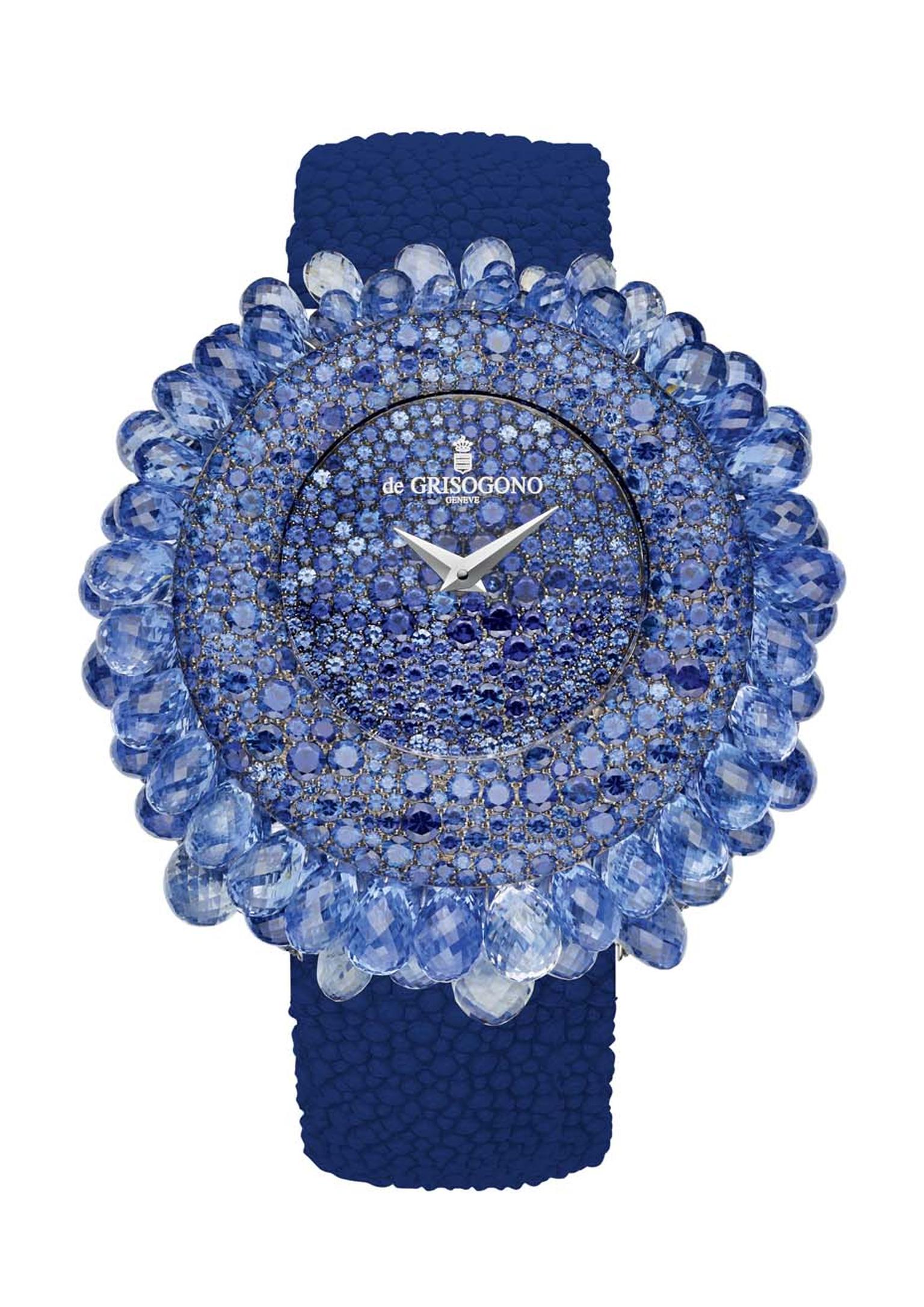 The de GRISOGONO Grappoli watch is a real show-stopper, with 854 snow-set sapphires on the dial and bezel, and 70 mobile briolette-cut sapphires dangling from the case.
