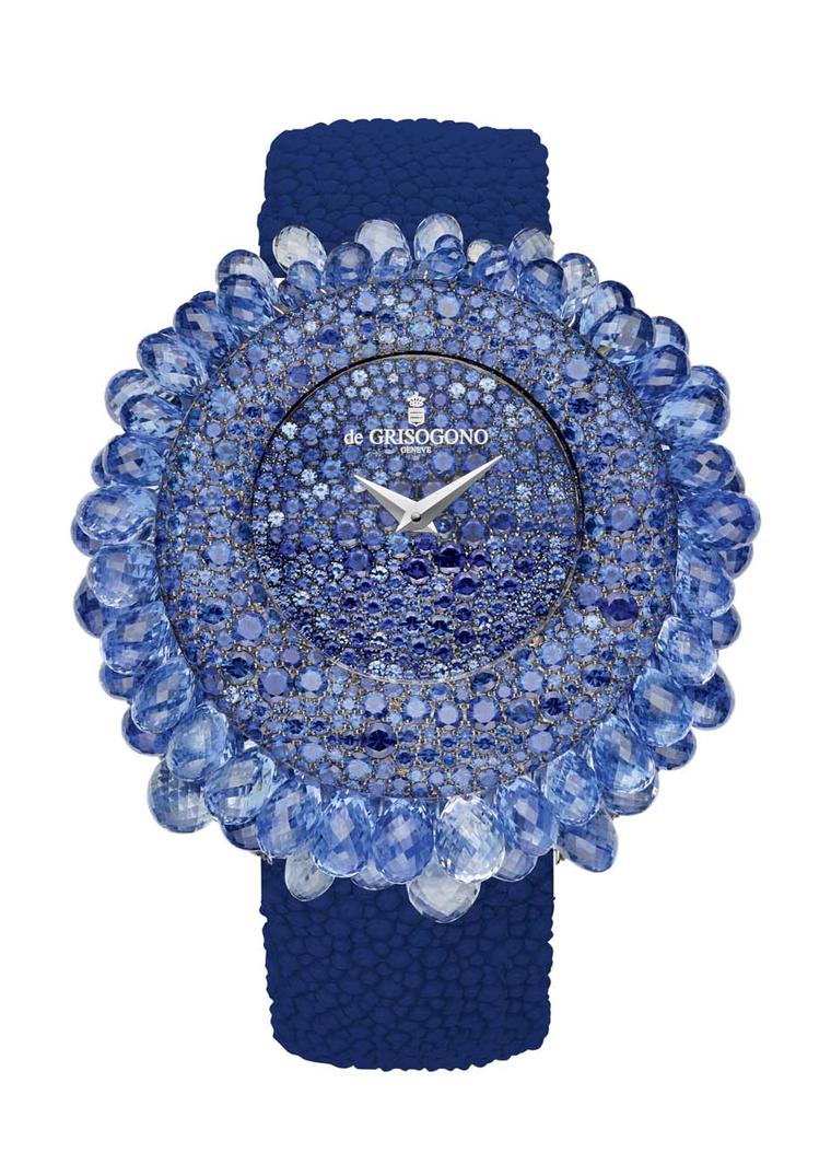 The de GRISOGONO Grappoli watch is a real show-stopper, with 854 snow-set sapphires on the dial and bezel, and 70 mobile briolette-cut sapphires dangling from the case.