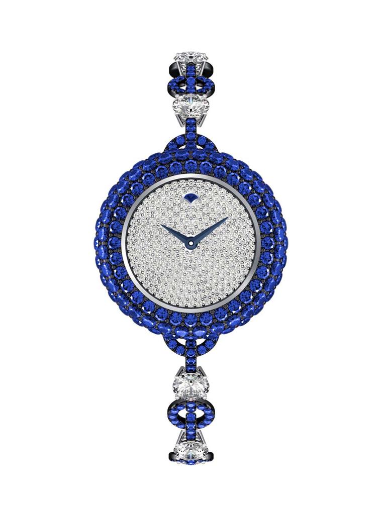 The Graff Halo, presented in a small 25mm white gold case, combines diamonds and blue sapphires to create a refined cocktail watch.