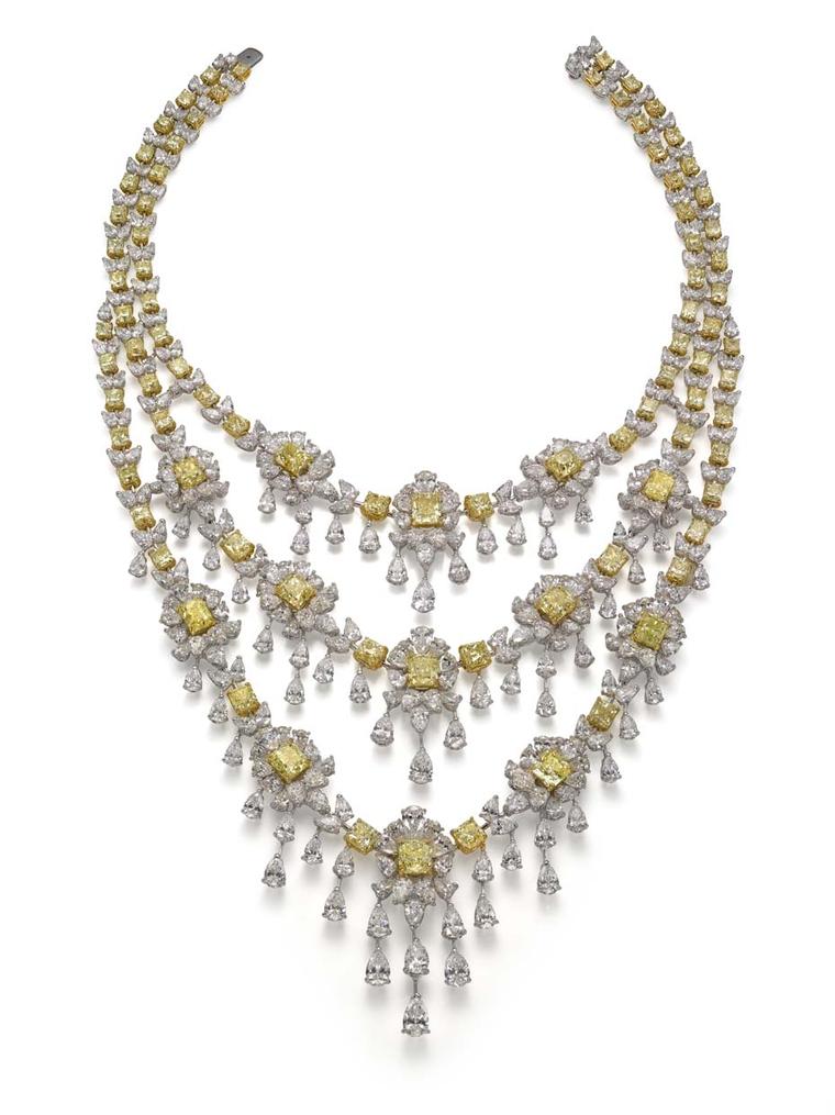 A three-tier necklace from the High Jewellery collection set with certified Fancy yellow diamonds totalling 165ct.
