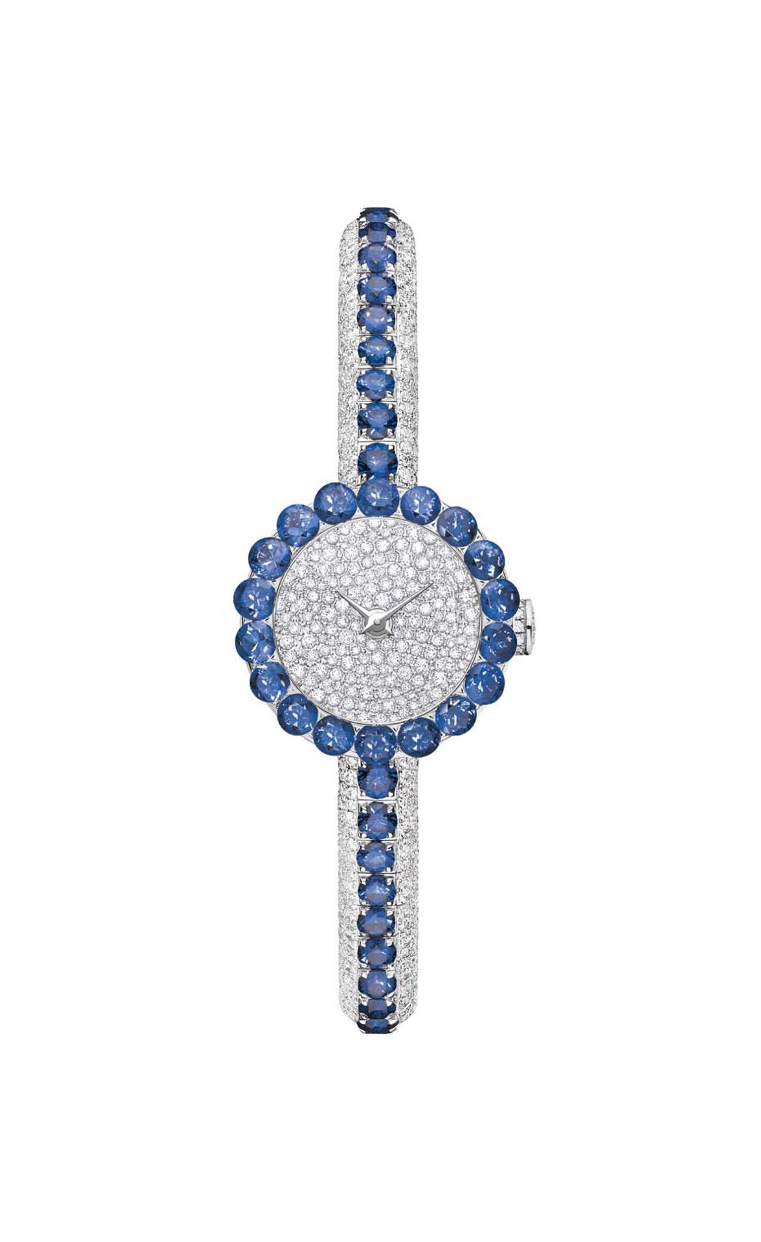 The Dior La D de Dior Précieuse high jewellery watch features 65 sapphires arching across the bracelet and circling the bezel, set into a bed of 999 snow-set diamonds.