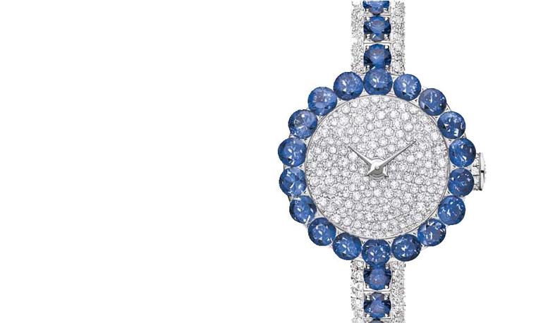 Dior La D de Dior Précieuse high jewellery watch with sapphires and diamonds is presented in a dainty 21mm white gold case.