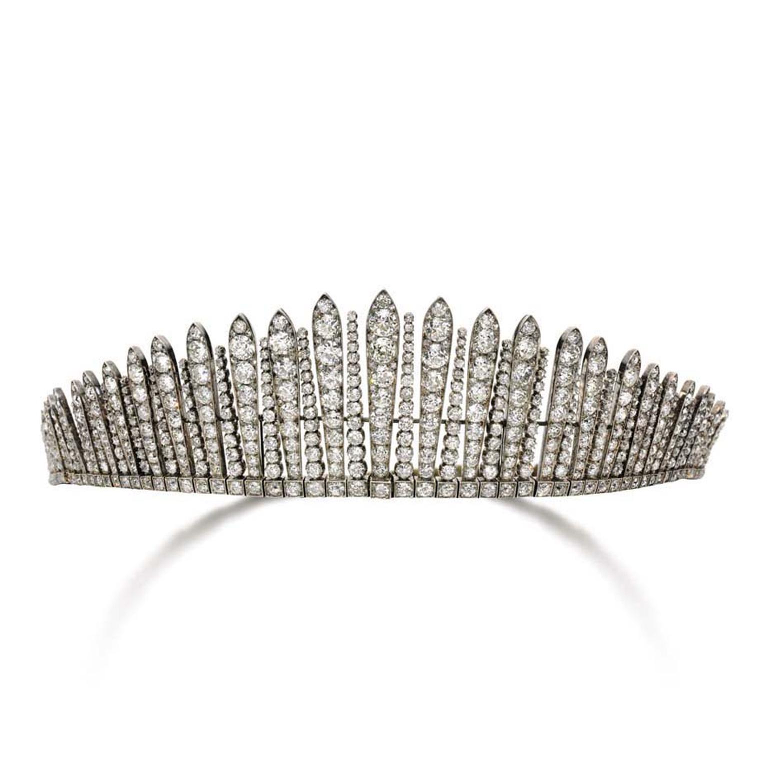 This diamond tiara, which was accompanied by a matching diamond necklace, is thought to be from around 1880 and sold for more than $480,000 at the Sotheby's sale in Geneva.