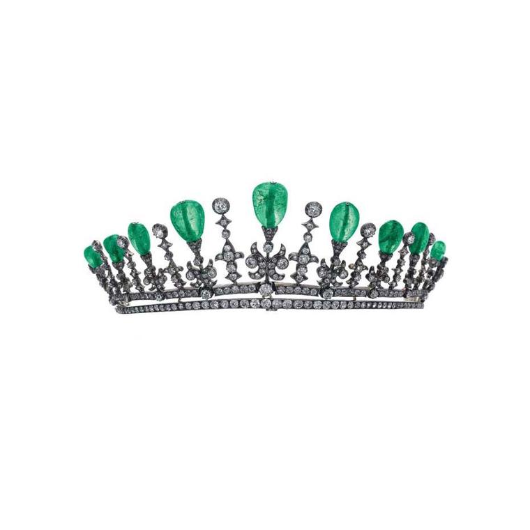 The hammer fell at just over $57,000 for this 20th century emerald tiara with round-cut diamonds and drop-shaped emeralds.